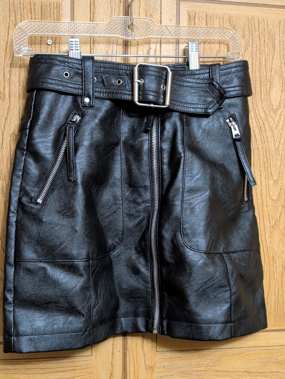 Topshop Black Faux Leather Belted Zip Mini Skirt